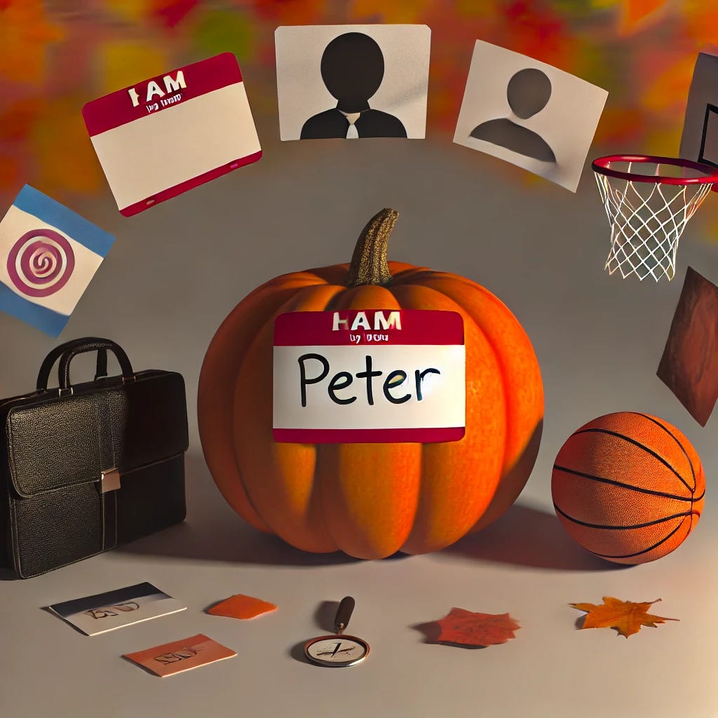 A symbolic image depicting the theme of identity, featuring a large pumpkin in the center with a name tag on it that says 'Peter.' Around the pumpkin are various items representing different identities: a briefcase for work, a basketball for personal interests, and a nameplate with a nickname. The background features autumn colors with leaves falling, evoking a seasonal feeling. The overall tone of the image is thoughtful and reflective, highlighting the exploration of names, roles, and identity.