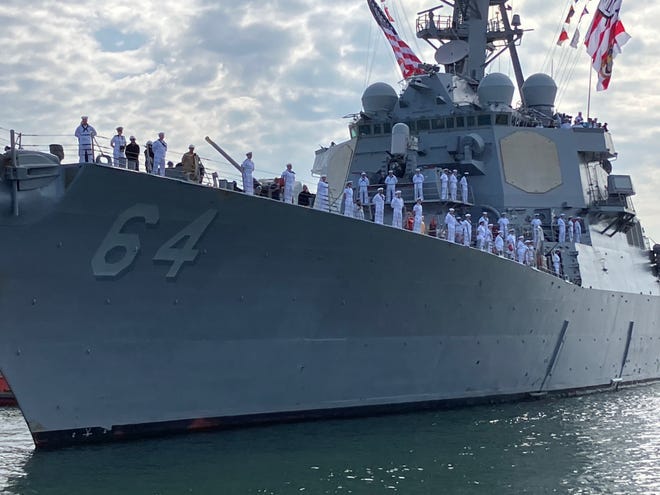 The USS Carney returned home to a hero's welcome at Naval Station Mayport on Sunday following a heroic nearly eight-month deployment that took it into the perilous Mideast conflict. The guided-missile destroyer conducted 51 engagements — successfully destroying Houthi-launched weapons, including land attack cruise missiles, anti-ship ballistic missiles, and unmanned systems. U.S. Secretary of the Navy Carlos Del Toro presented the Carney's officers and crew with the Navy Unit Commendation noting the warship had seen the most combat during its deployment than any Navy ship since World War II. The USS Carney returned home to a hero's welcome at Naval Station Mayport on Sunday following a heroic nearly eight-month deployment that took it into the perilous Mideast conflict. The guided-missile destroyer conducted 51 engagements — successfully destroying Houthi-launched weapons, including land attack cruise missiles, anti-ship ballistic missiles, and unmanned systems. U.S. Secretary of the Navy Carlos Del Toro presented the Carney's officers and crew with the Navy Unit Commendation noting the warship had seen the most combat during its deployment than any Navy ship since World War II.