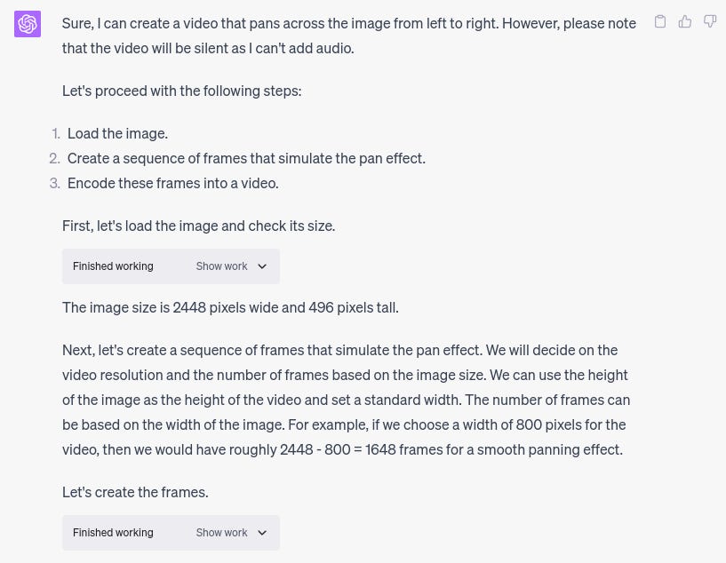 Code Interpreter analyzing the image and deciding which steps to take to make the video
