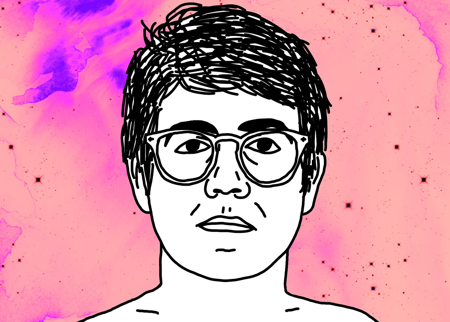 A black line drawing of Alex, the protagonist of "I Hear You Watching." He is white, short messy parted hair, glasses. He stares straight at you, unsmiling. Behind him is an inverted image of a wispy stellar nebula with black, pointed stars in creamy pink space with streaks of neon pink and purple.