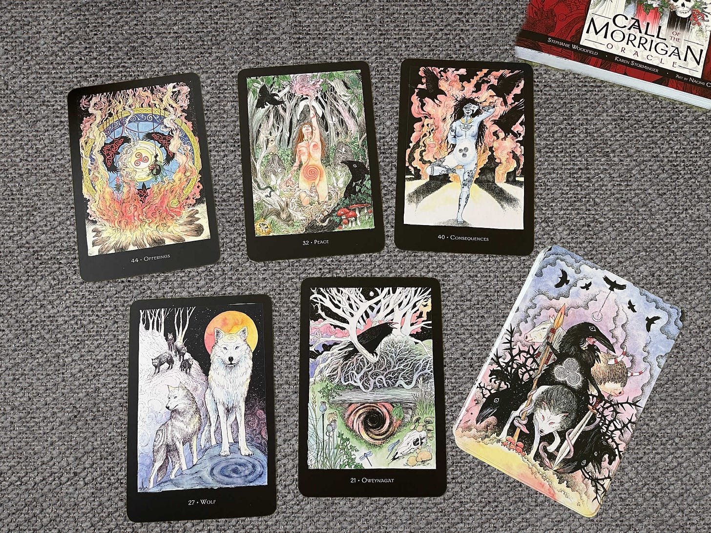 six cards from the Call of the Morrigan Oracle deck showing various scenes from Irish mythology
