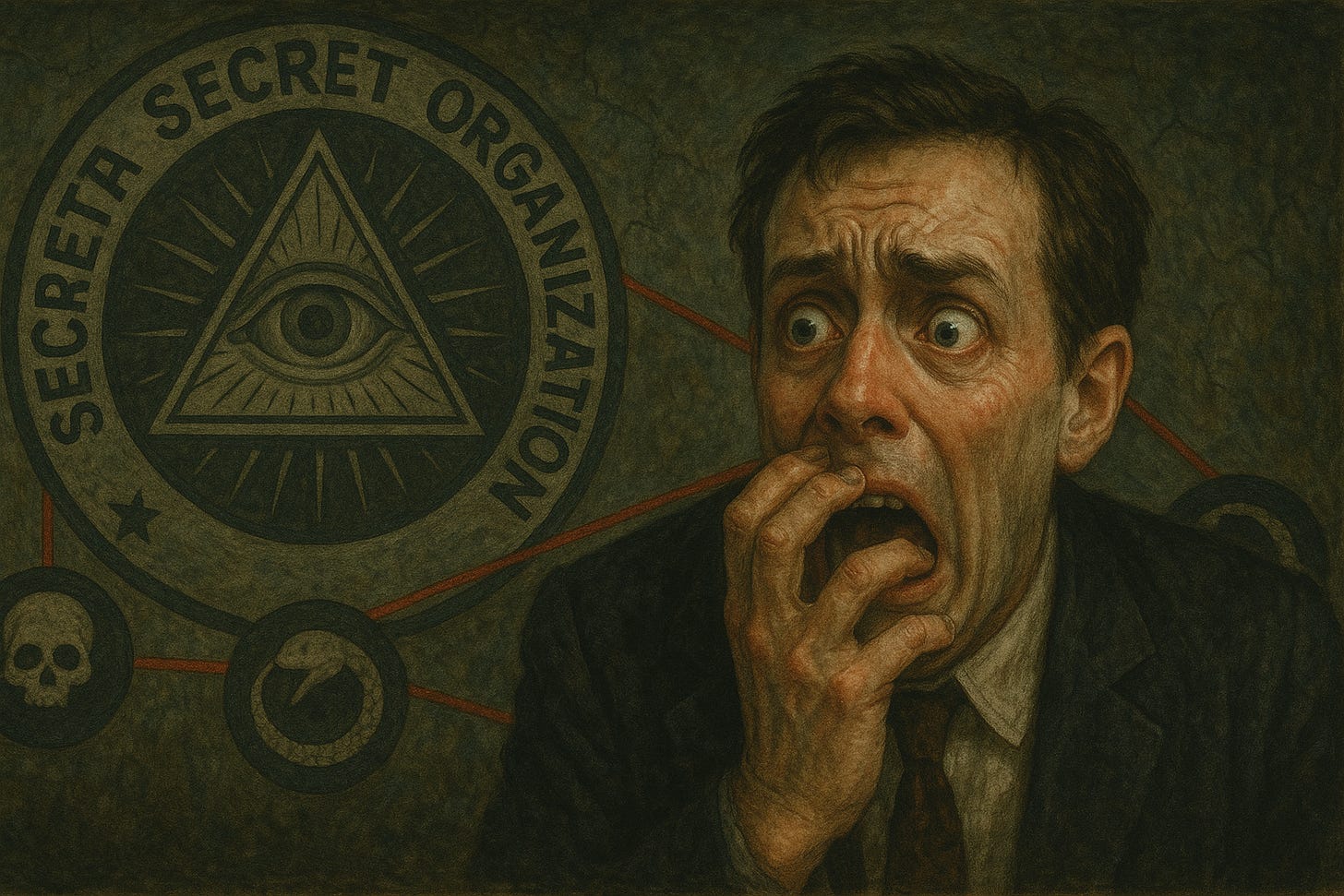 A terrified man clutches his face, wide-eyed, in front of a symbol for a secret organization with ominous icons behind him.