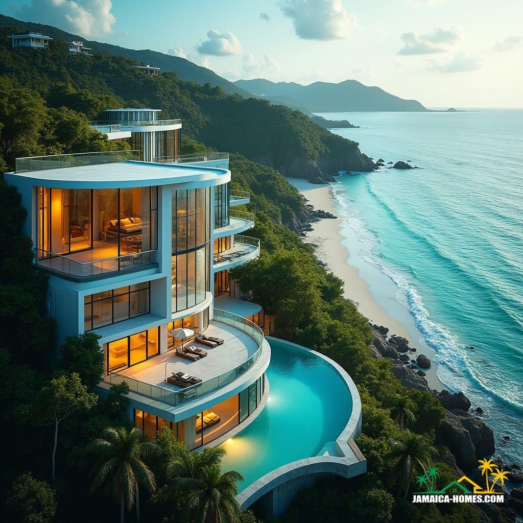 Modern development schemes in Jamaica near the coast and beaches feature sleek glass architecture, incorporating unique swimming pools both at ground level and on rooftops. These designs not only offer stunning views of the Caribbean Sea but also blend contemporary style with the tropical landscape, creating luxurious spaces that feel open and light.