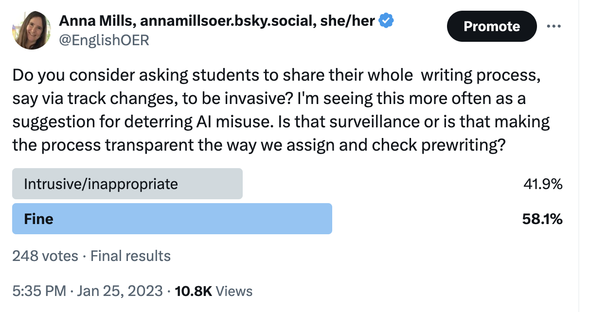 A screenshot of a Twitter poll by Anna Mills (@EnglishOER) asking if it’s invasive to ask students to share their whole writing process to deter AI misuse, with 41.9% voting ‘Intrusive/inappropriate’ and 58.1% voting ‘Fine’. A screenshot of a Twitter poll by Anna Mills (@EnglishOER) asking if it’s invasive to ask students to share their whole writing process to deter AI misuse, with 41.9% voting ‘Intrusive/inappropriate’ and 58.1% voting ‘Fine’.