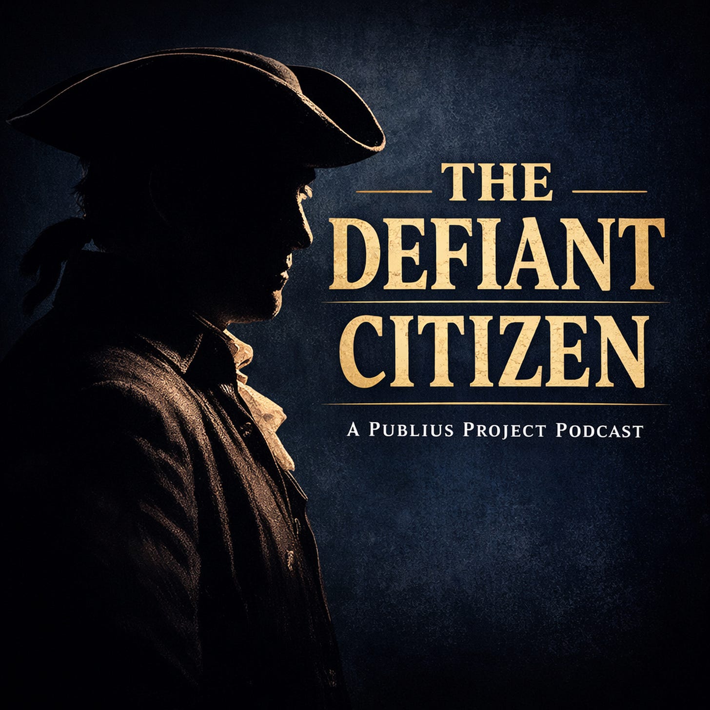 Vintage-style podcast cover featuring a silhouetted colonial-era figure in a tricorn hat beside the title “The Defiant Citizen – A Publius Project Podcast,” evoking American founding principles and civic responsibility.