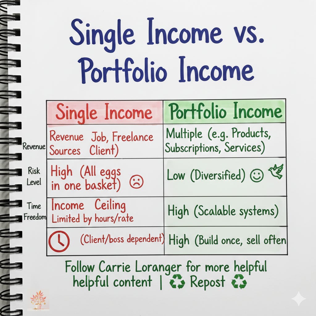 Comparison chart showing single-income newsletter versus portfolio business model, highlighting differences in revenue stability, risk diversification, and income potential
