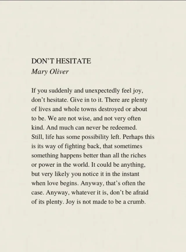 Image with Mary Oliver's poem "Don't Hesitate" on it.