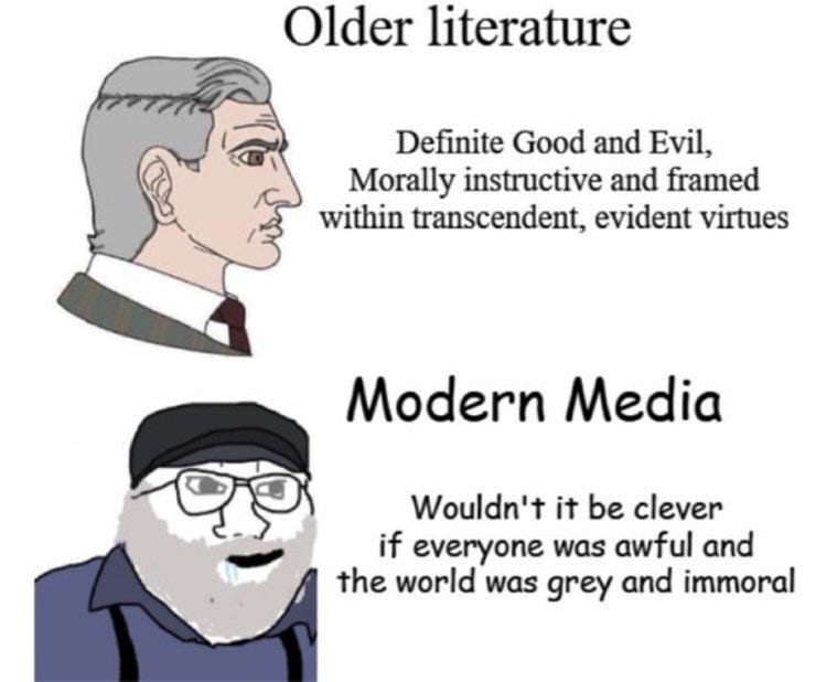 The unspoken message of a lot of modern media is that nihilism and anomie are justifiable reactions to the world. The unspoken message of a lot of modern media is that nihilism and anomie are justifiable reactions to the world.