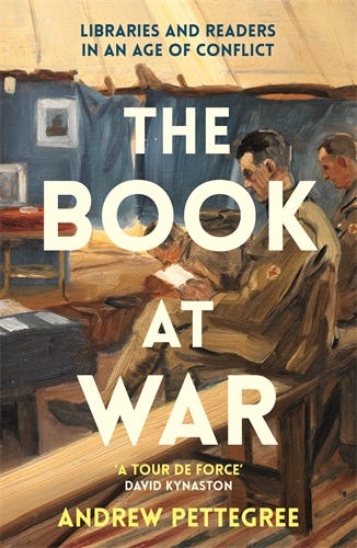 The cover of Andrew Pettegree’s book ‘ The Book at War’ with the title over a painting of two soldiers reading.