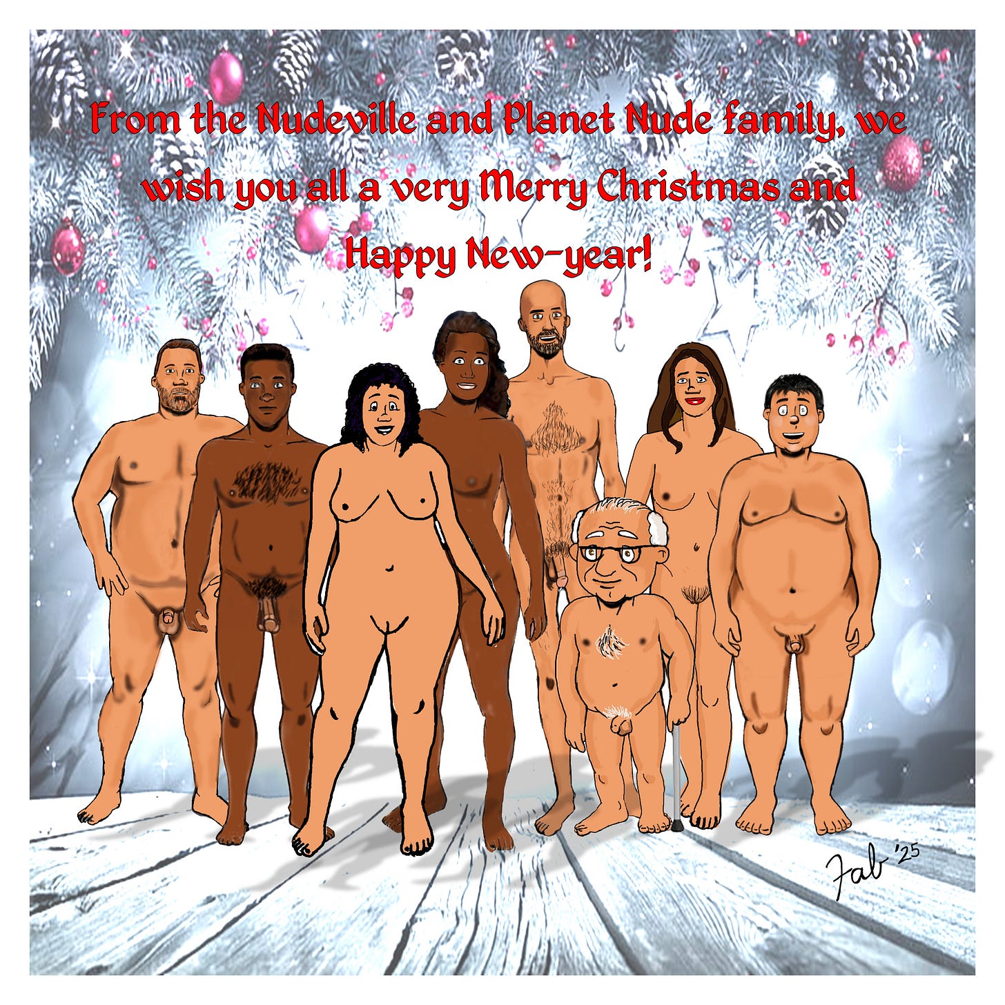 Panel 6: Final group image of Nudeville residents standing nude together in a wintery, festive scene. Text reads, “From the Nudeville and Planet Nude family, we wish you all a very Merry Christmas and Happy New Year!”