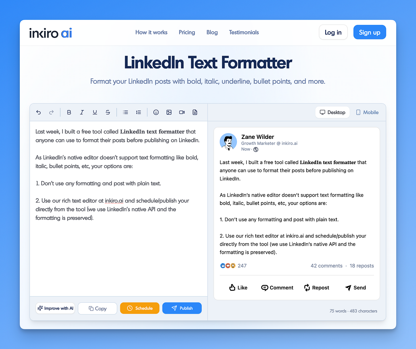 linkedin text formatter