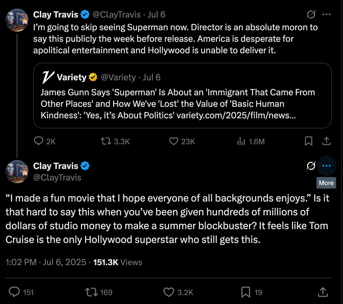 I’m going to skip seeing Superman now. Director is an absolute moron to say this publicly the week before release. America is desperate for apolitical entertainment and Hollywood is unable to deliver it.  “I made a fun movie that I hope everyone of all backgrounds enjoys.” Is it that hard to say this when you’ve been given hundreds of millions of dollars of studio money to make a summer blockbuster? It feels like Tom Cruise is the only Hollywood superstar who still gets this.