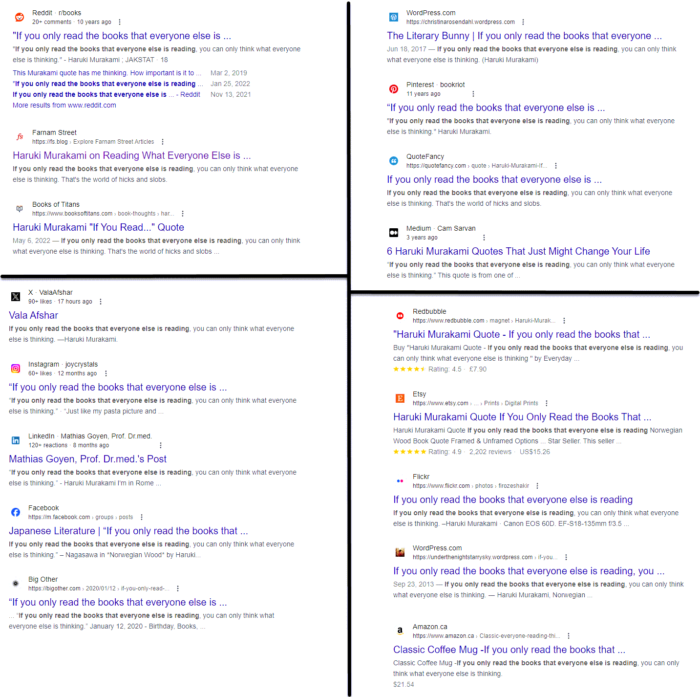 Dozens of Google search results showing the same quote on originality repeated, ad nauseum.