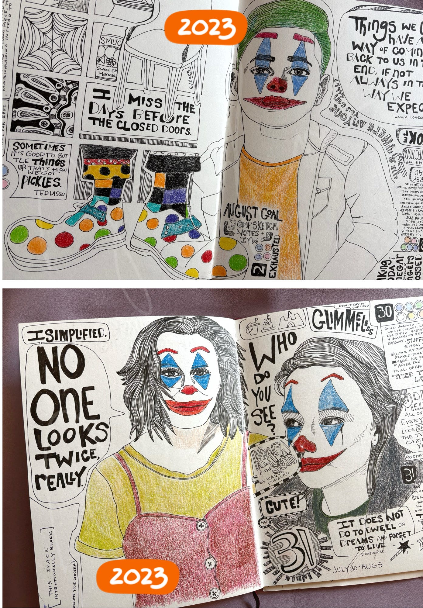 Pages from an illustrated journal with a clowns and halloween theme