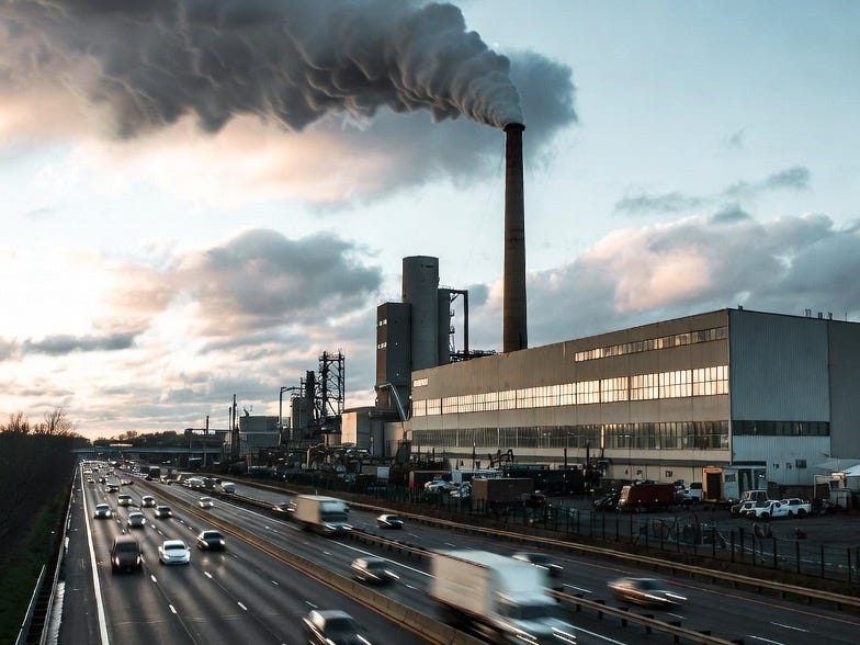 A photograph of an industrial scene with a freeway, factory, and smoky chimney under dramatic skies. A photograph of an industrial scene with a freeway, factory, and smoky chimney under dramatic skies.