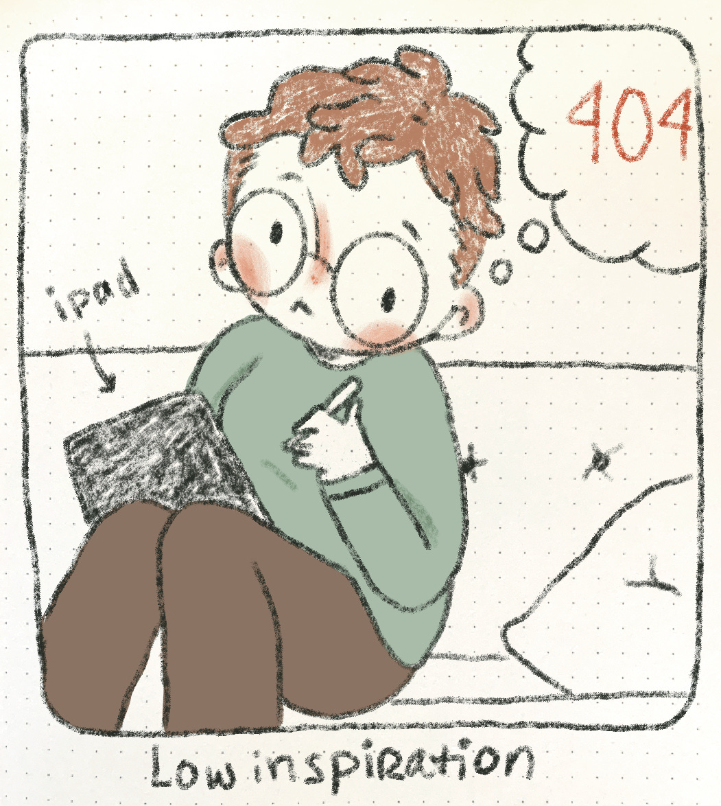 a drawing of the author sitting on the couch with their ipad looking at the viewer. Their thought bubble says "404."