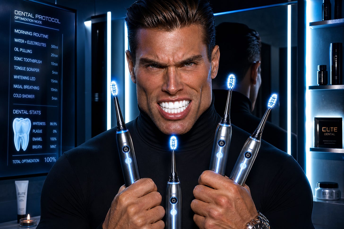 Parody of an intense male wellness influencer 'brushmaxxing' with multiple toothbrushes. Parody of an intense male wellness influencer 'brushmaxxing' with multiple toothbrushes.