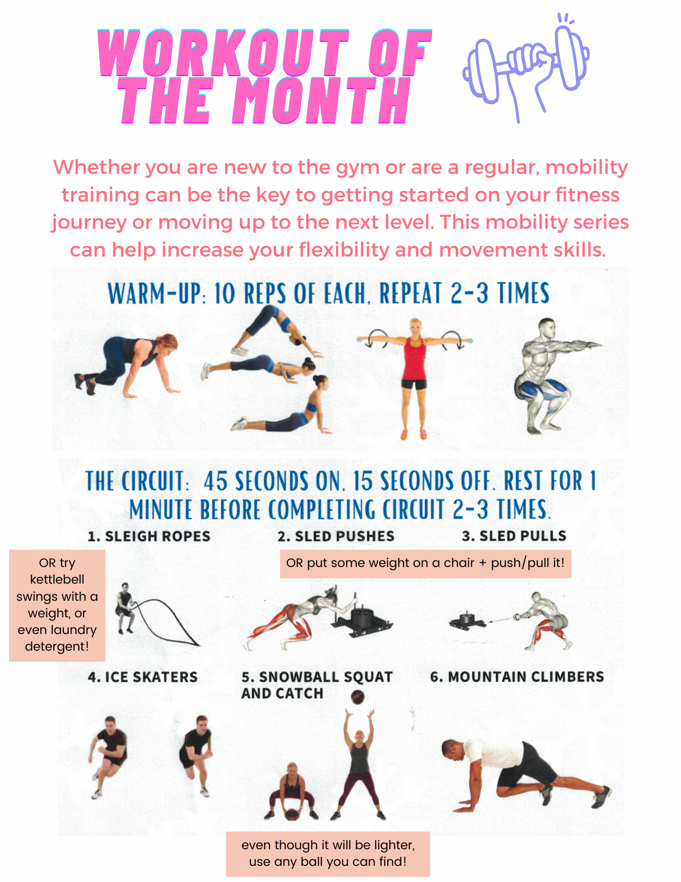 YMHC's Workout of the Month focuses on a mobility series designed to help individuals at all fitness levels improve flexibility and movement skills. The workout is divided into two main parts:  Warm-Up: 10 repetitions of four dynamic exercises, repeated 2-3 times. Exercises include bodyweight movements targeting different muscle groups.  The Circuit: A high-intensity interval training (HIIT) format with 45 seconds of work, 15 seconds rest, and a 1-minute break between 2-3 circuit rounds. Six exercises are featured:  1. Sleigh Ropes (or kettlebell swings) 2. Sled Pushes (or chair push) 3. Sled Pulls 4. Ice Skaters 5. Snowball Squat and Catch 6. Mountain Climbers  Alternative equipment suggestions include using household items like chairs or laundry detergent for resistance. The workout emphasizes adaptability, encouraging participants to use whatever equipment they have available, even noting that a lighter ball can be substituted if needed.
