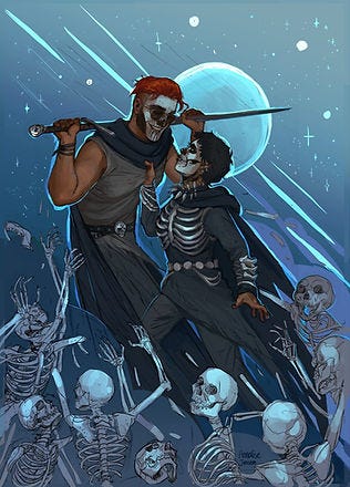 Redheaded Gideon and Dark-haired Harrowhark amidst Harrow's skeletons