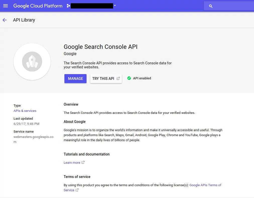 Google Search Console API connection service.