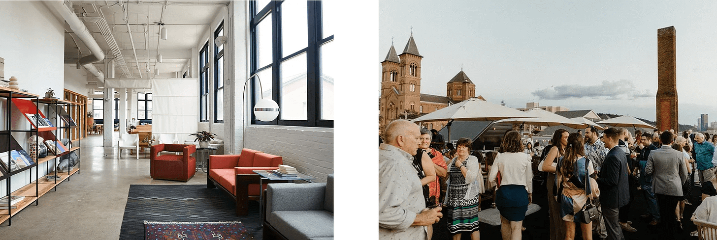 Left: A picture of Field Day’s interior that has a few couches and a cozy rug. In the distance, there are a few tables for working. Right: A picture of Field Day’s rooftop terrace, where people are having a crowded outdoor event.