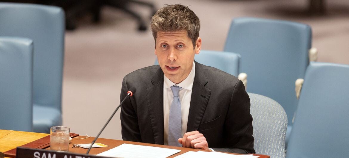 Sam Altman, CEO of OpenAI, speaks at a microphone during a UN Security Council meeting on artificial intelligence and international security.