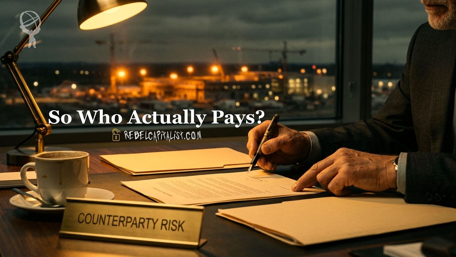 Businessman signing documents at desk with Counterparty Risk nameplate and city lights