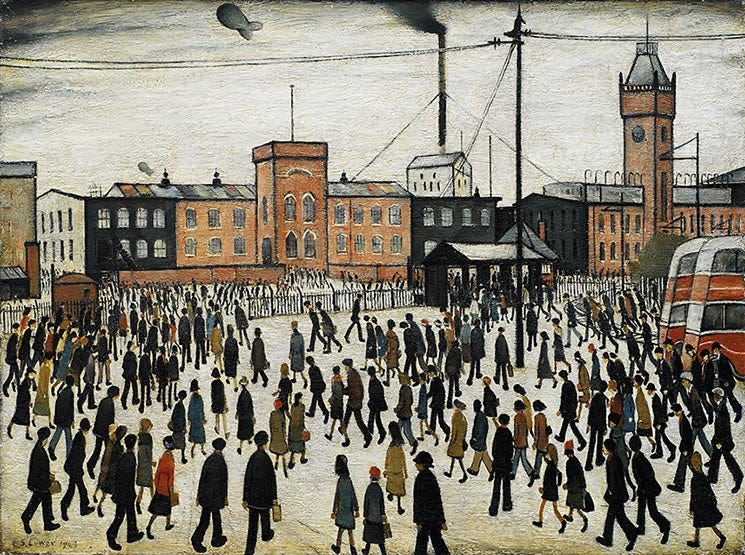 Image shows a painting by English artist LS Lowry (1887 - 1976) entitled 'Going To Work', and depicting factory workers in the snow outside the main entrance to the Park Works of the Mather and Platt engineering firm in Newton Heath, Manchester, 1943.
