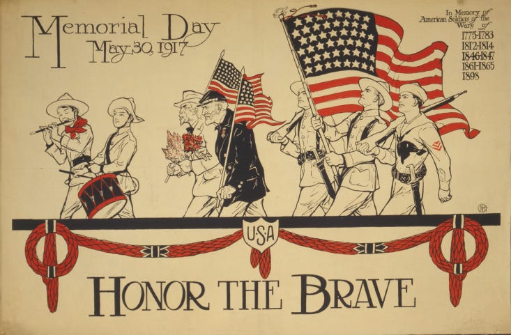 Poster shows drawing of two or three veterans from the U.S. Revolutionary War, the Civil War and World War I marching in a two, with two U.S. flags prominent. Poster shows drawing of two or three veterans from the U.S. Revolutionary War, the Civil War and World War I marching in a two, with two U.S. flags prominent.