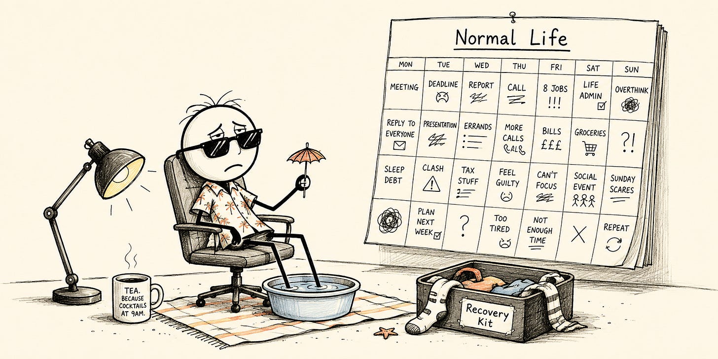 A tired stick-figure tries to have a holiday at their desk while an overwhelming calendar labelled “Normal Life” looms behind them.