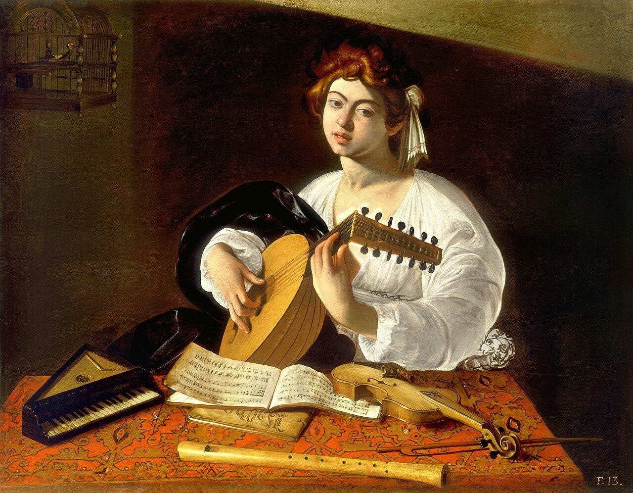 Caravaggio's Lute Player, a young musician bent over strings and an open songbook Caravaggio's Lute Player, a young musician bent over strings and an open songbook