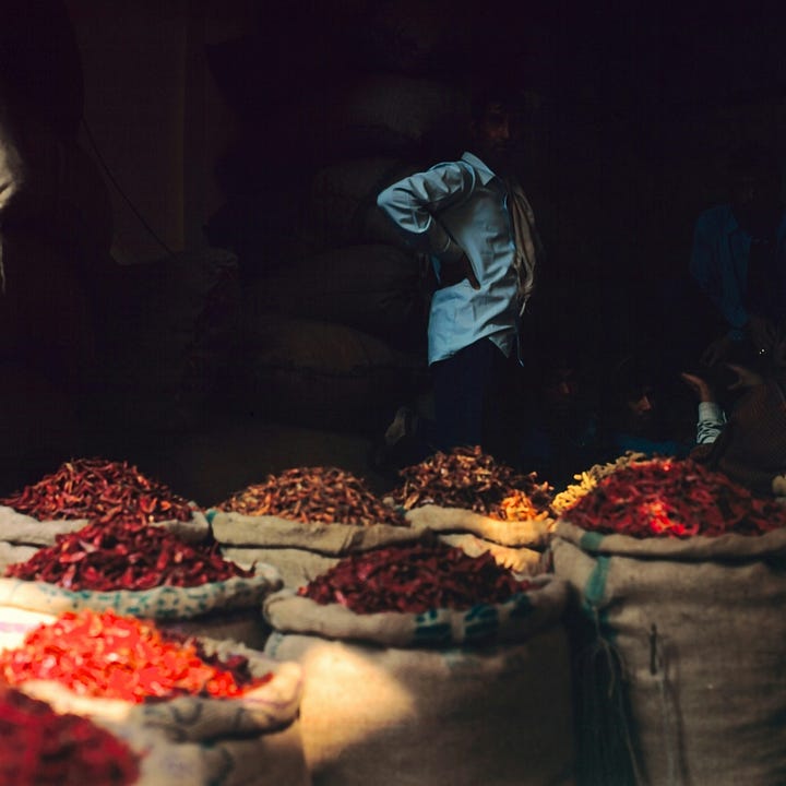 Spice market in New Delhi. Fresh milk. Photos by Eugene Nelmin and Mehrshad Rajabi via Unsplash.
