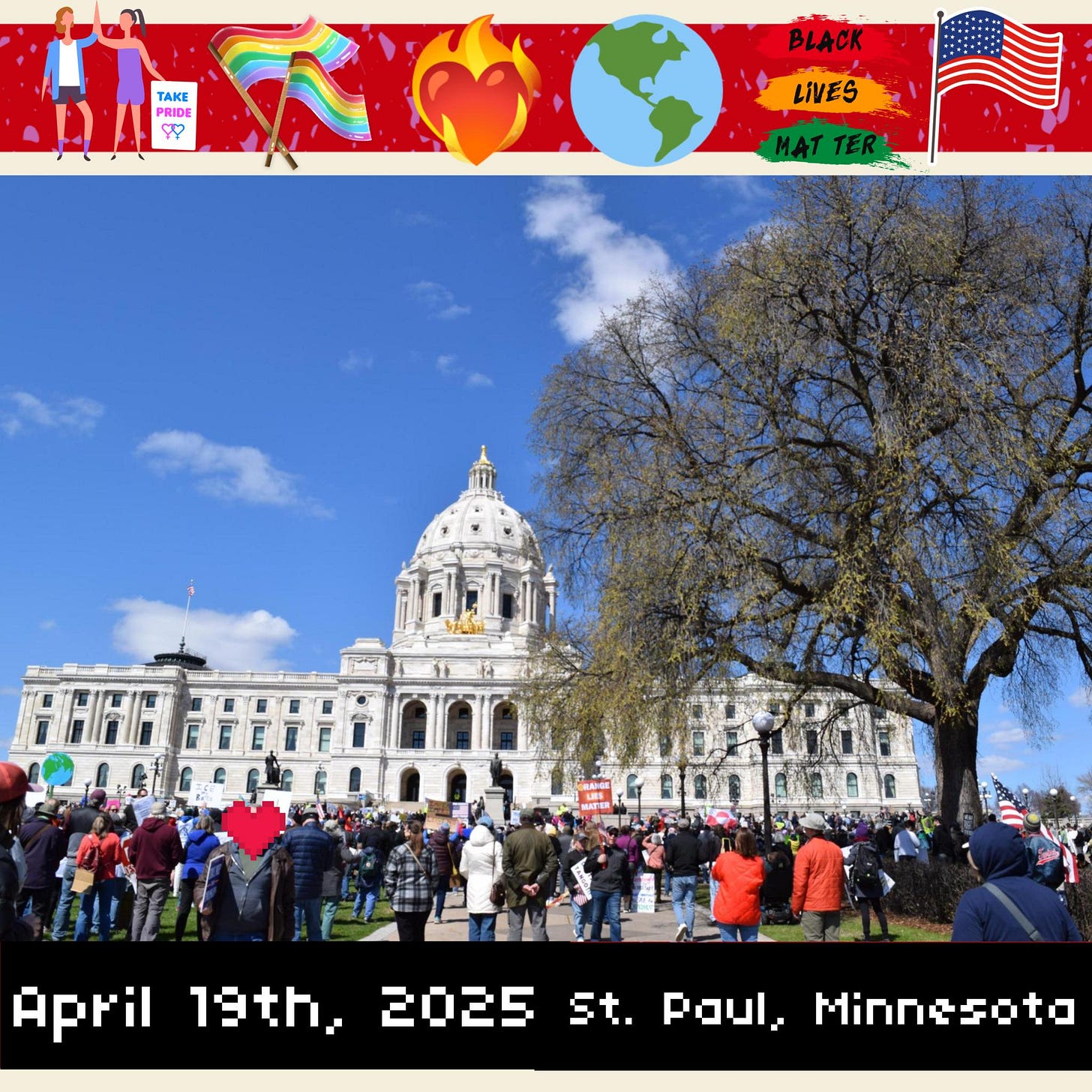 The crowd of protestors in front of the Minnesota State Capitol with the large tree in frame. 