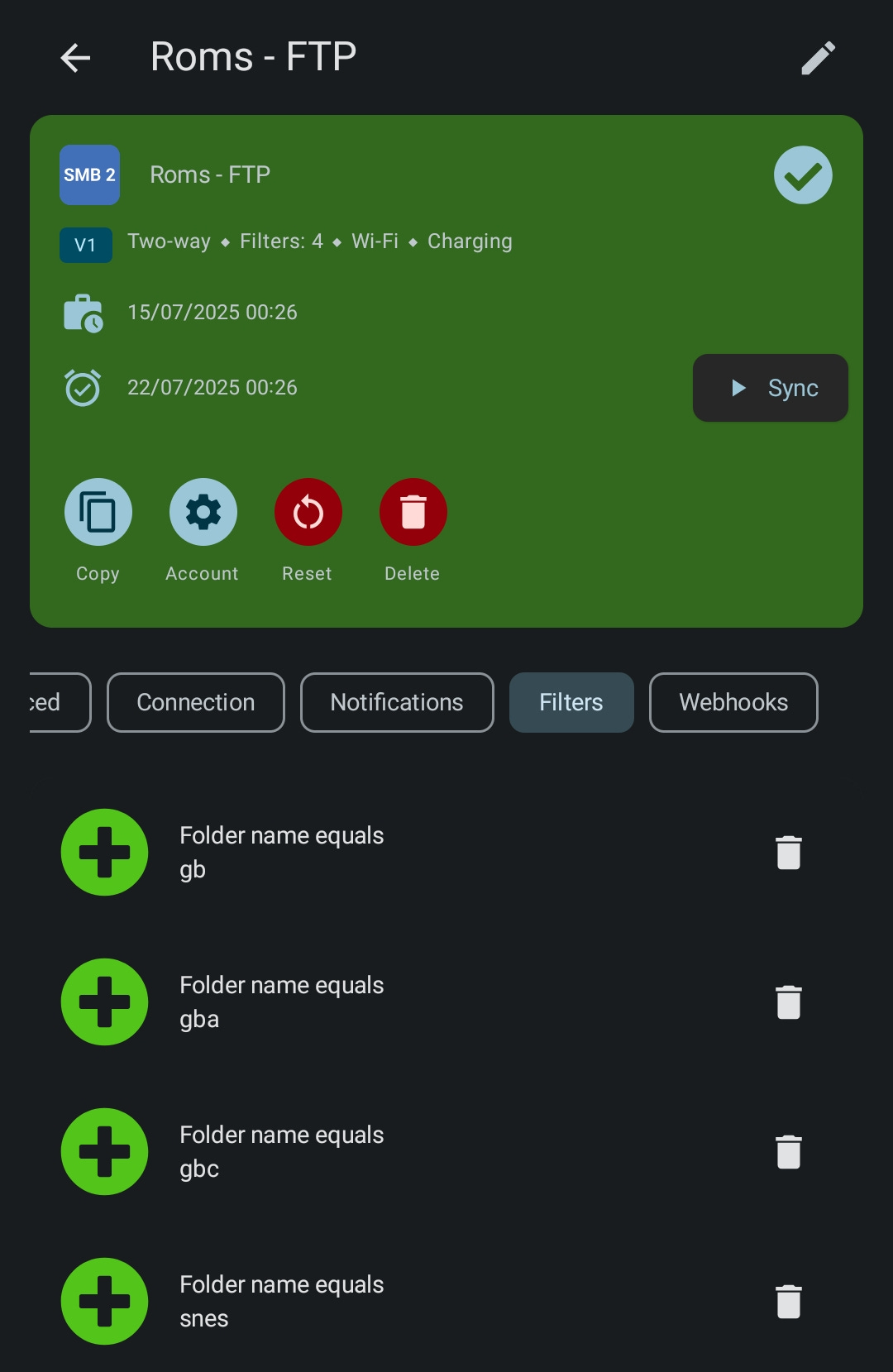 Screenshot of FolderSync with filtered subfolders