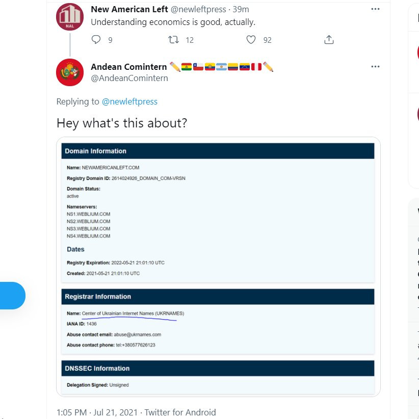 Twitter conversation about New American Left's domain registration involving user "AndeanComintern"
