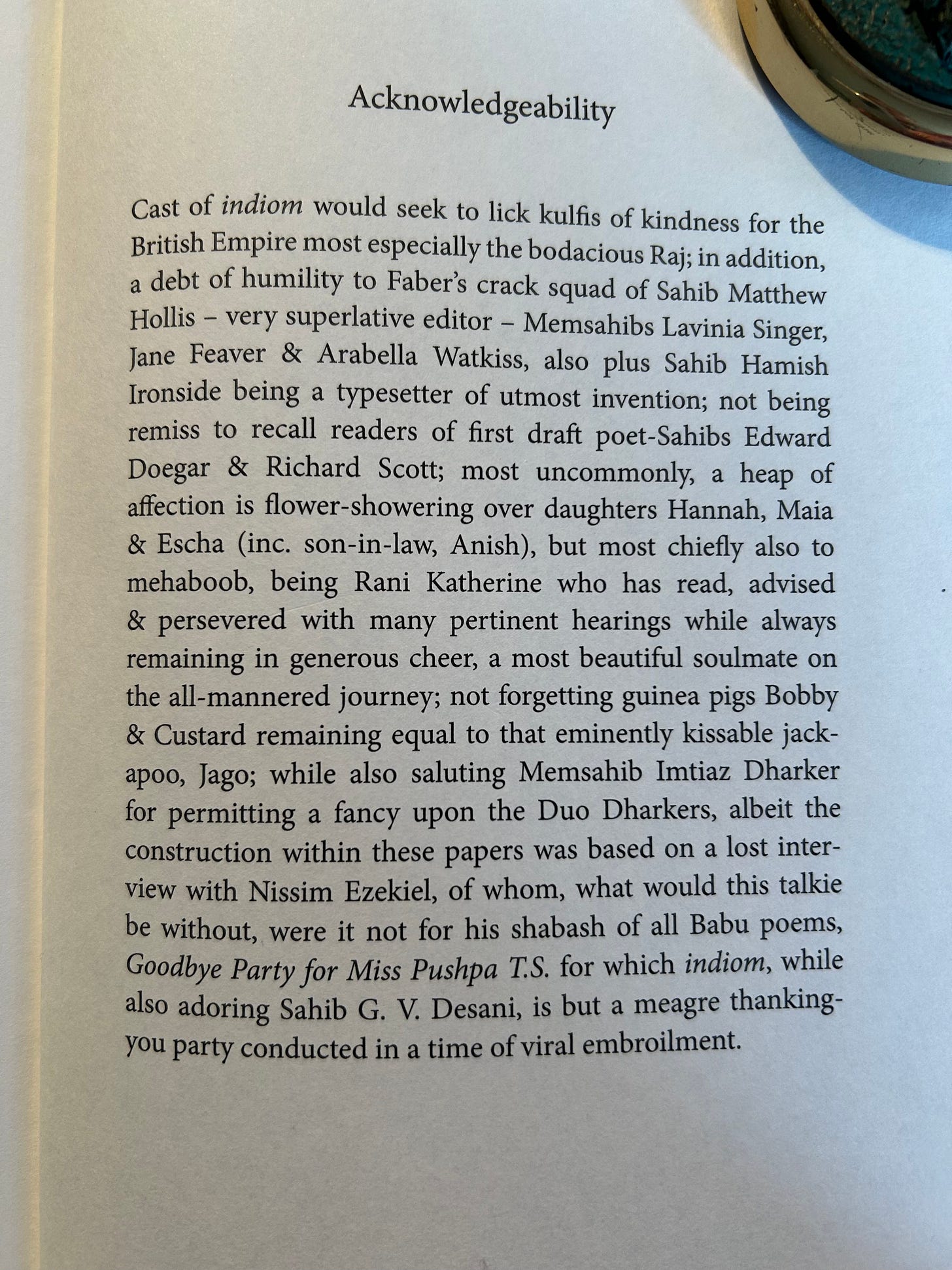 Acknowledgements page from Indiom by Dalit Nagra in which he thanks people in the same style of the book. It is funny.