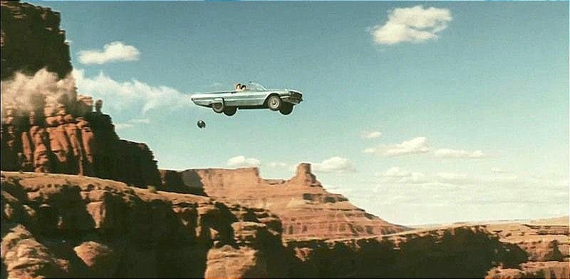 Thelma + Louise film scene where they fly off a cliffside as penalty for their wild actions