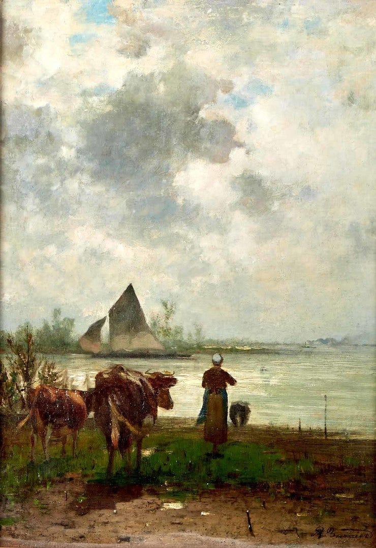 'A woman with cattle looking out over a river' - olieverf op paneel: Richard Burnier (herkomst: privé collectie) 'A woman with cattle looking out over a river' - olieverf op paneel: Richard Burnier (herkomst: privé collectie)