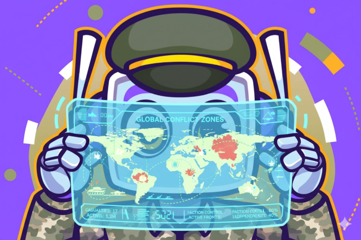 Neuralbuddy character, a blue and purple robot in a military uniform, holding a transparent tactical display showing a world map with "GLOBAL CONFLICT ZONES" highlighted in red. The background features a purple and olive green gradient with abstract shapes.