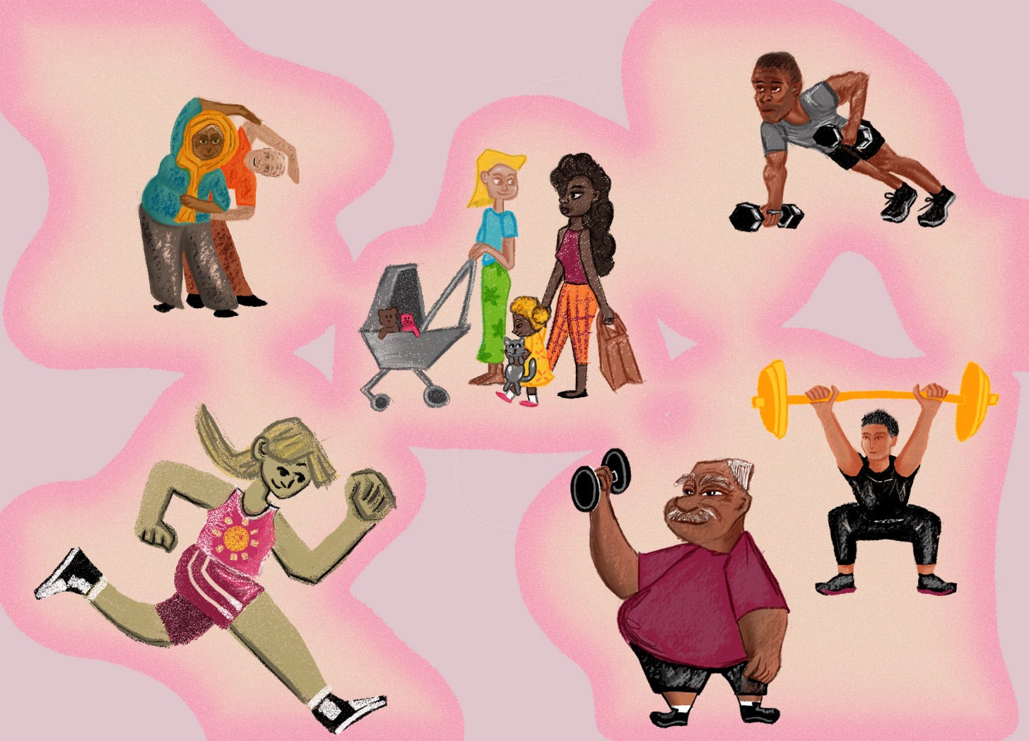 An illustration of people strength training, running, walking, and doing yoga.