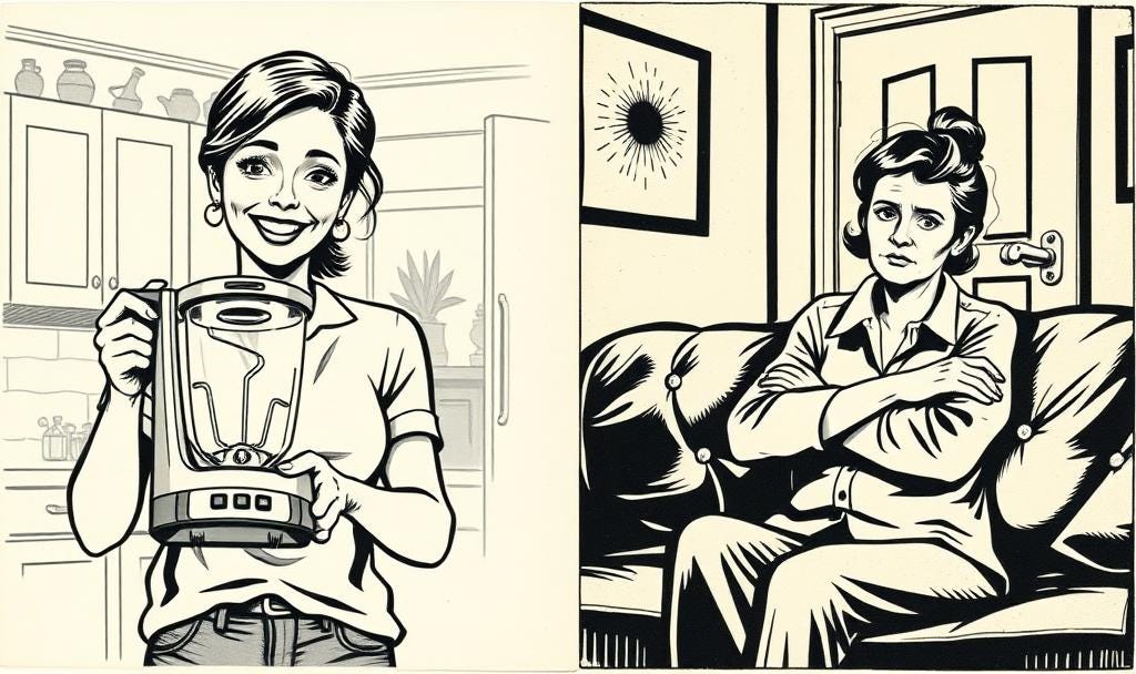 A split-screen illustration: On the left, a smiling female homeowner proudly holding a brand-new blender. On the right, the same homeowner sitting on a couch waiting for service technician to ring the doorbell.