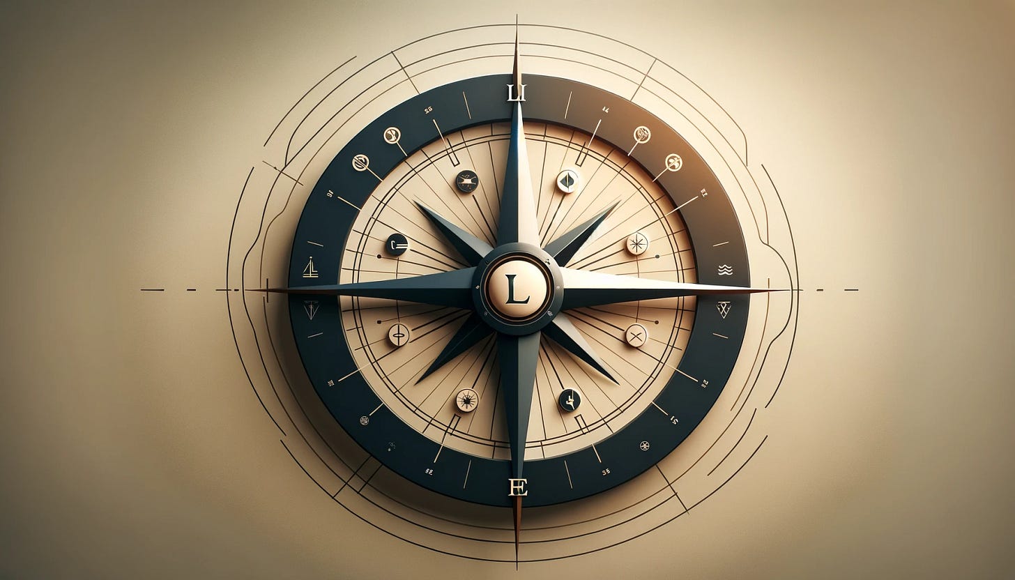 Visualize a sleek, minimalist compass with a modern twist, positioned centrally on a soft, muted background. The compass needle points towards a stylized representation of the word 'Life' which is designed in a contemporary, elegant font. Around the compass, subtle, abstract elements suggest the four cardinal directions, each marked by a simple icon representing personal growth, adventure, stability, and wisdom. The overall color palette is soft and earthy, aiming to convey a sense of guidance, purpose, and the journey of life. The image should embody a blend of sophistication and simplicity, perfectly capturing the concept of a life compass in a visually appealing and thought-provoking manner. Visualize a sleek, minimalist compass with a modern twist, positioned centrally on a soft, muted background. The compass needle points towards a stylized representation of the word 'Life' which is designed in a contemporary, elegant font. Around the compass, subtle, abstract elements suggest the four cardinal directions, each marked by a simple icon representing personal growth, adventure, stability, and wisdom. The overall color palette is soft and earthy, aiming to convey a sense of guidance, purpose, and the journey of life. The image should embody a blend of sophistication and simplicity, perfectly capturing the concept of a life compass in a visually appealing and thought-provoking manner.