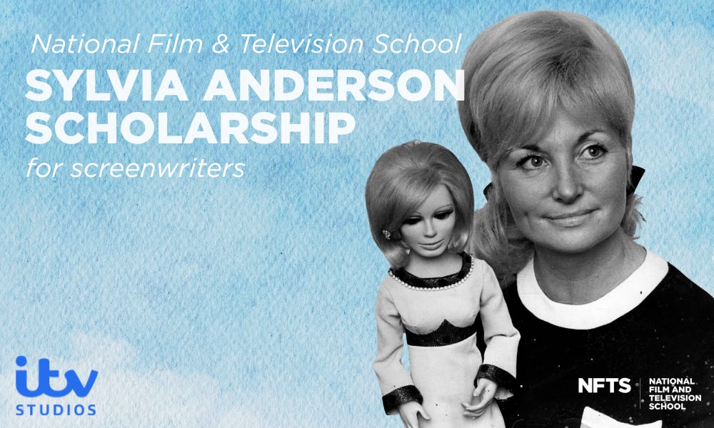 Sylvia Anderson Scholarship for Screenwriters with photo of Sylvia holding puppet Sylvia Anderson Scholarship for Screenwriters with photo of Sylvia holding puppet