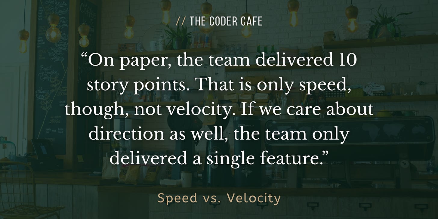 On paper, the team delivered 10 story points. That is only speed, though, not velocity. If we care about direction as well, the team only delivered a single feature.