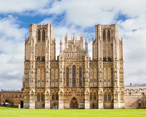 Three views of attractions in Wells, England. A cathedral, a town crier, an English street.