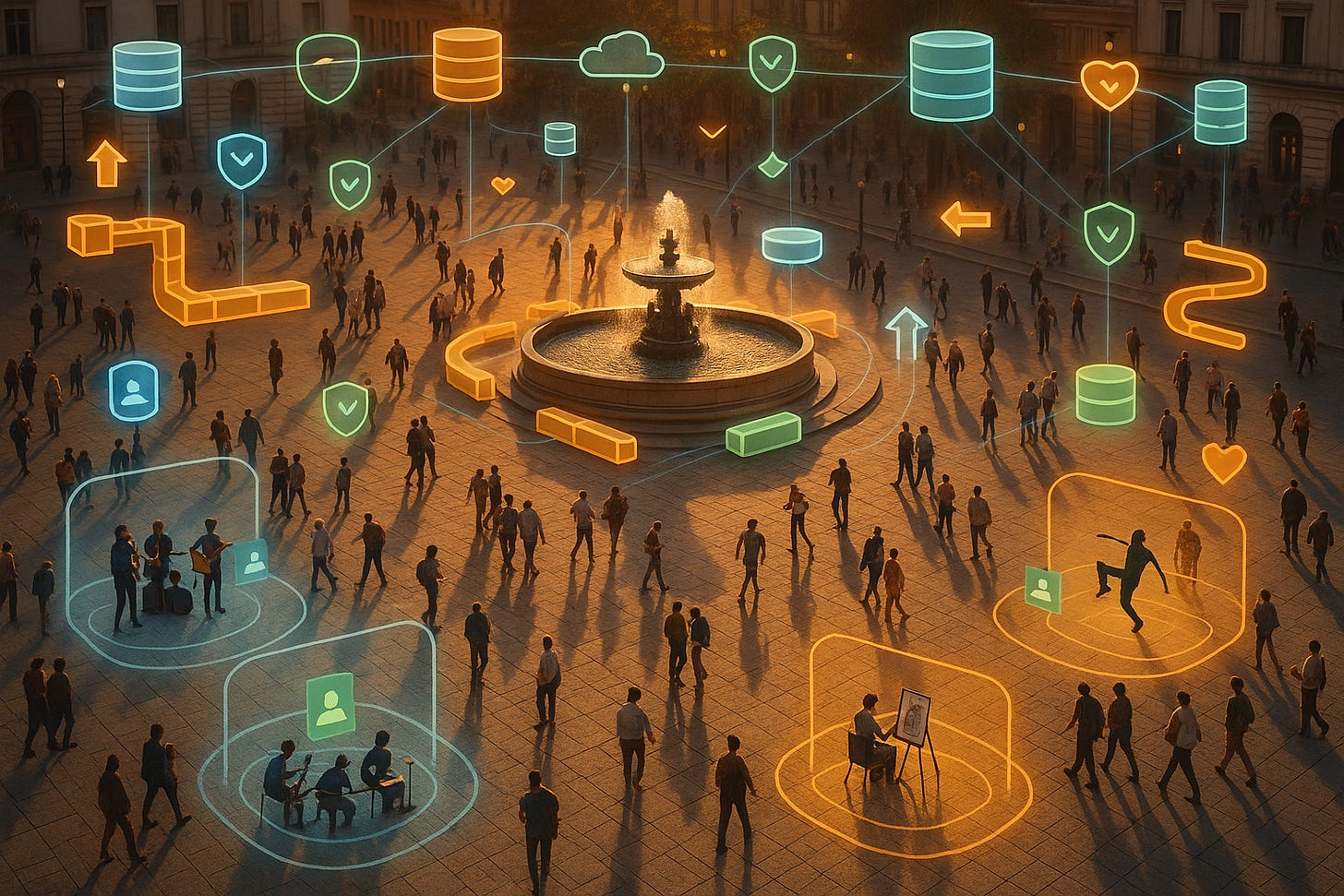 Public square with floating tech icons symbolizing ASP.NET Core SaaS architecture and multi-tenancy. Public square with floating tech icons symbolizing ASP.NET Core SaaS architecture and multi-tenancy.