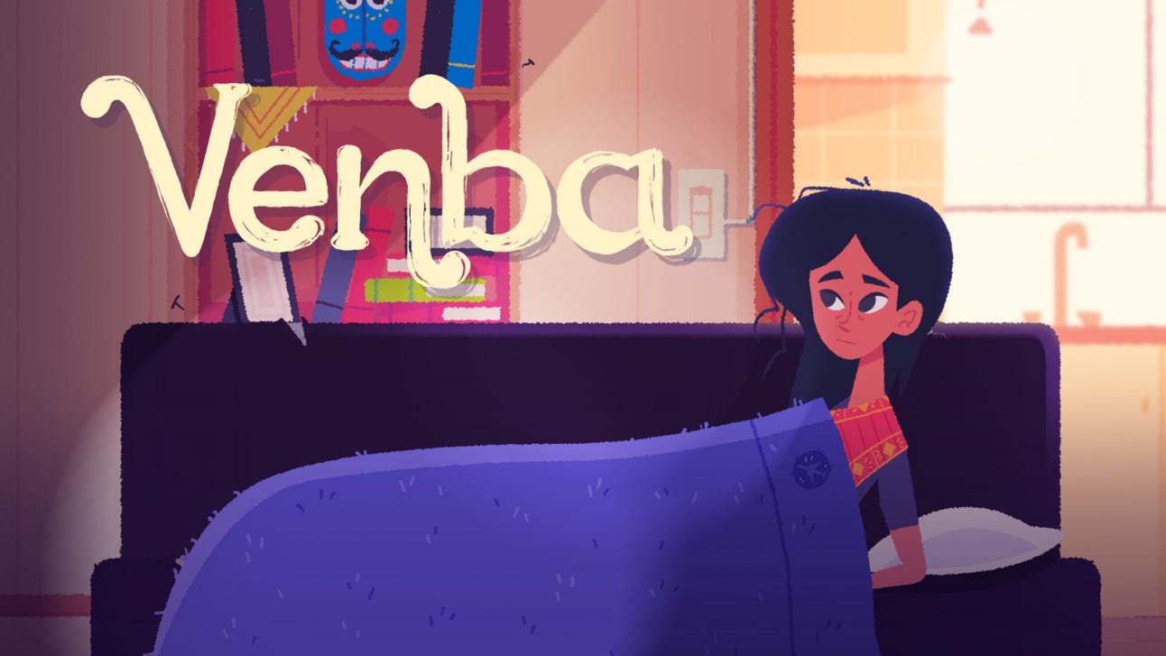Venba lays on a couch, her hair is a mess. She stares at the title.