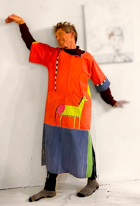 Berta's Handpaintined Caftan and My Red Overalls