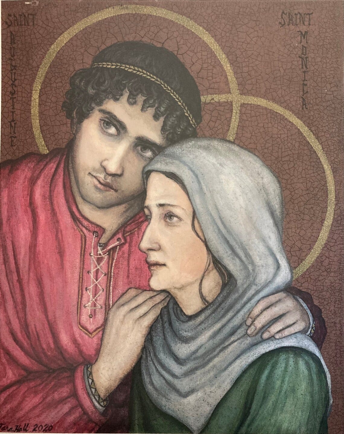 May include: A painting of Saint Augustine and Saint Monica. Saint Augustine is on the left, wearing a red tunic and a brown headband. Saint Monica is on the right, wearing a blue head covering and a green tunic. The background is a reddish brown with gold circles. The text 'SAINT AUGUSTINE' is written on the left side of the painting and 'SAINT MONICA' is written on the right side of the painting.