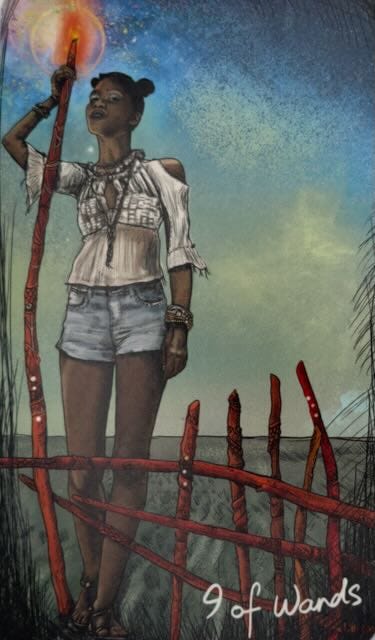 The 9 of Wands tarot card and the Fork in the Road oracle card.